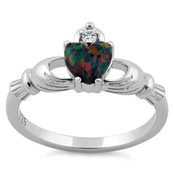 925 STERLING SILVER Dainty Lab Created Black Opal CZ Celtic Claddagh Ring - Picture 14 of 16